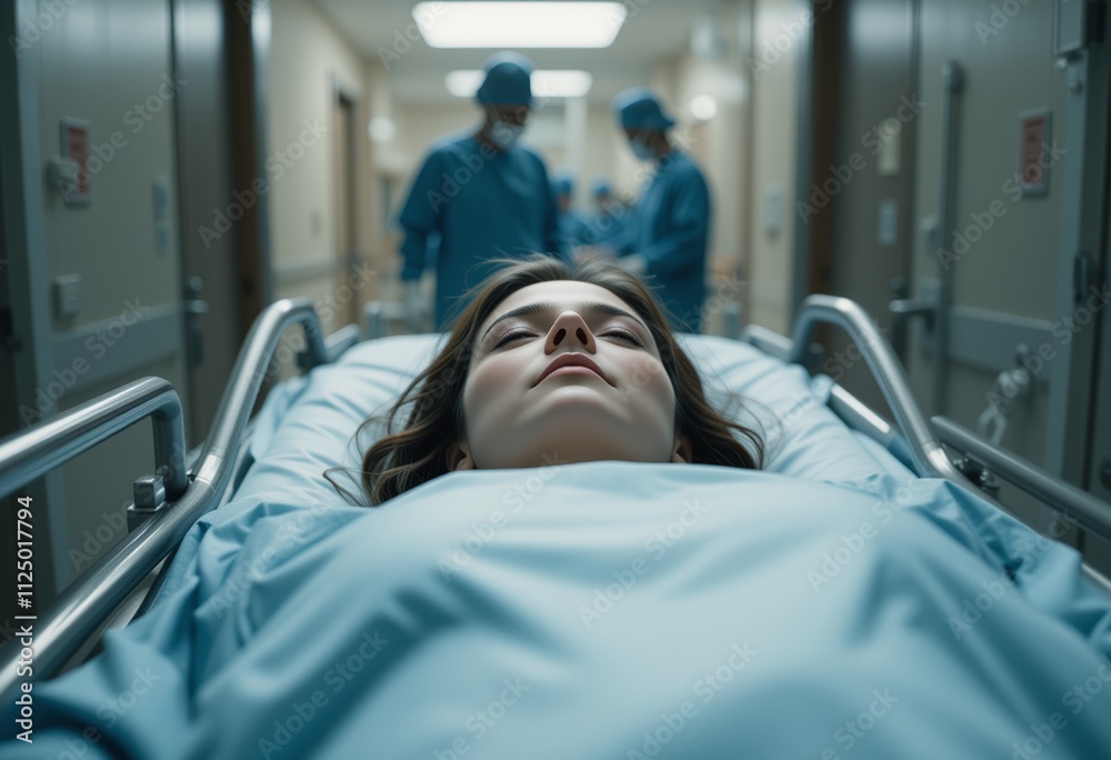 A woman lying on an operating bed, preparing to perform her medical operation A woman lying on an operating bed, preparing to perform her medical operation