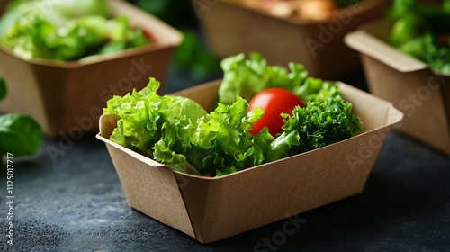 Fresh green salad with cherry tomato in disposable eco-friendly bowl photo