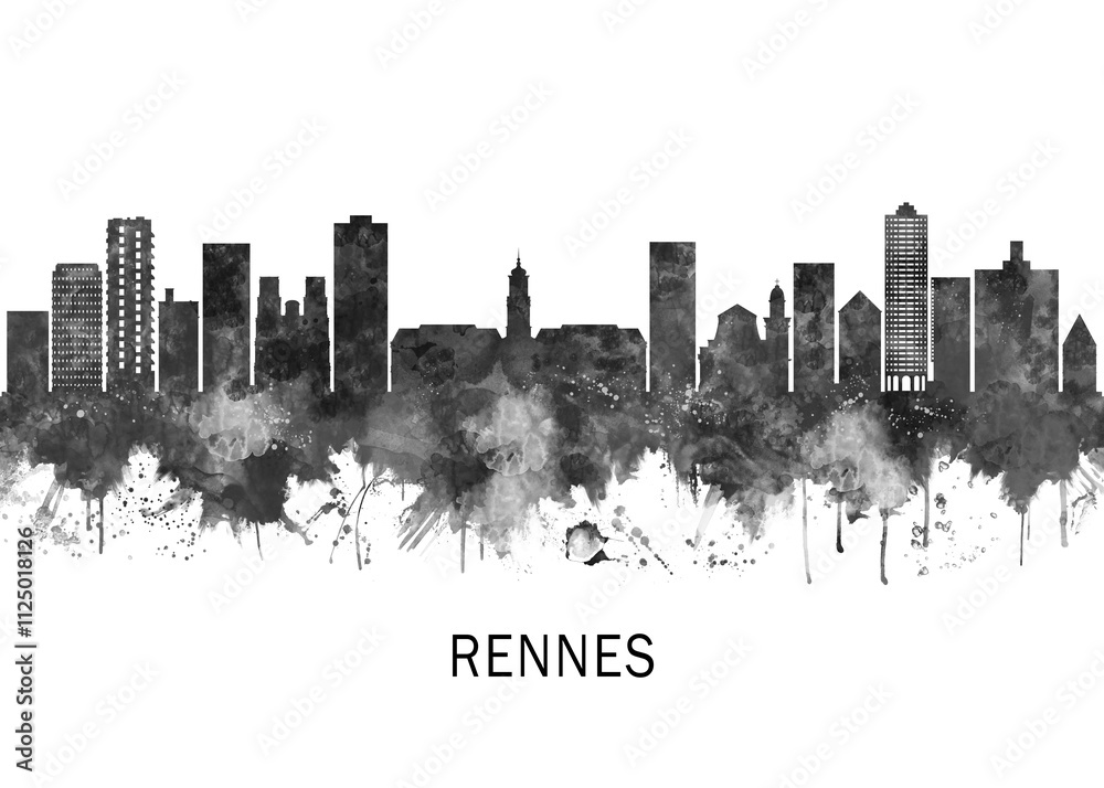 Obraz premium Rennes France Skyline BW, abstract painting travel illustration urban art modern downtown landmarks skyscrapers colorful artwork architecture