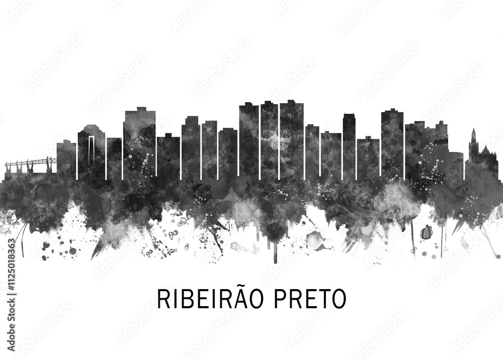 Obraz premium Ribeirao Preto Brazil Skyline BW, abstract painting travel illustration urban art modern downtown landmarks skyscrapers colorful artwork architecture