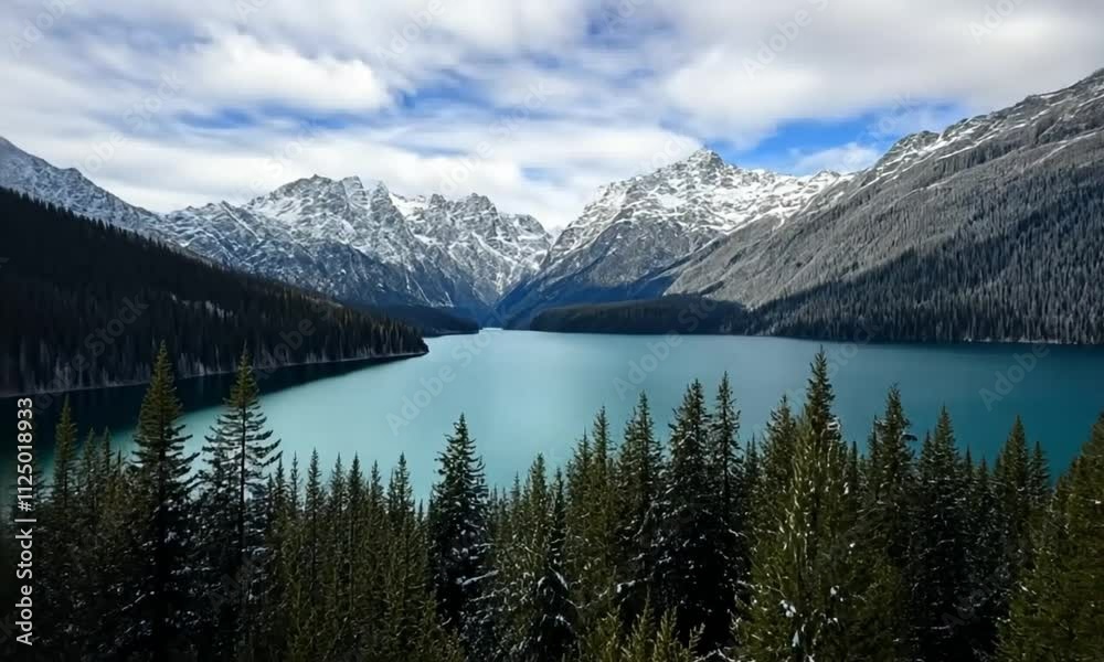 breathtaking alpine lake surrounded by snow-covered mountains and dense evergreen forests under a partly cloudy sky, creating a peaceful and picturesque natural scenery breathtaking alpine lake surrounded by snow-covered mountains and dense evergreen forests under a partly cloudy sky, creating a peaceful and picturesque natural scenery