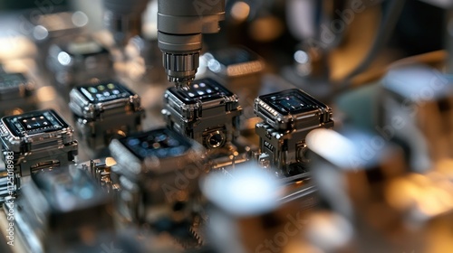 Smartwatch assembly line, tiny screws fastened by robotic drivers, LCD screens carefully positioned with mechanical precision photo