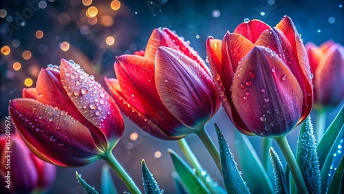 Close-Up of Elegant Red Tulips with Dewdrops Captured at Night, Highlighting Springtime Beauty and Delicate Details for Stunning Visual Designs