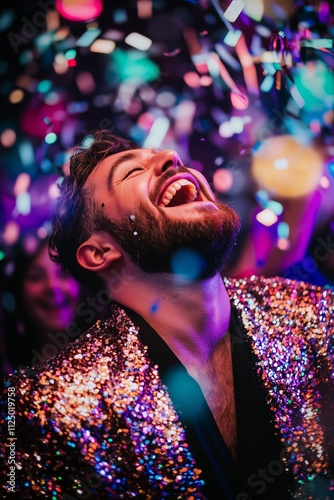 happy man in glowing jacket confetti smile photo