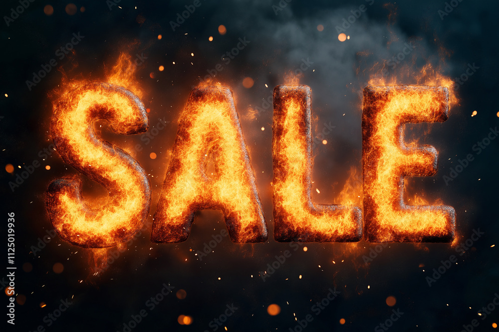 Exciting sale sign made of fiery letters with glowing sparks in dark background. Generative AI Exciting sale sign made of fiery letters with glowing sparks in dark background. Generative AI