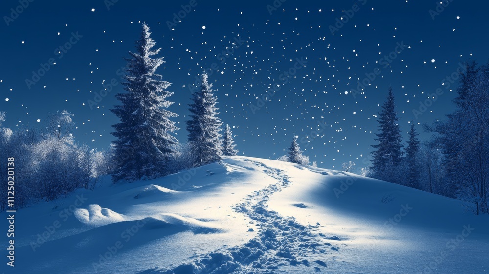 Serene winter landscape with snow-covered trees and falling snowflakes Serene winter landscape with snow-covered trees and falling snowflakes