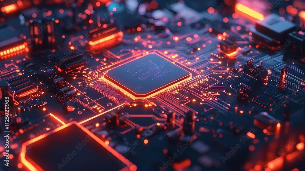 Close-up of a glowing computer circuit board, showcasing intricate details in an abstract technology design. Close-up of a glowing computer circuit board, showcasing intricate details in an abstract technology design.
