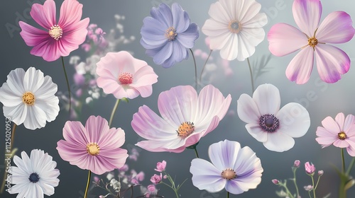 A stunning arrangement of delicate pink, white, and lavender flowers creating a soft, romantic atmosphere.