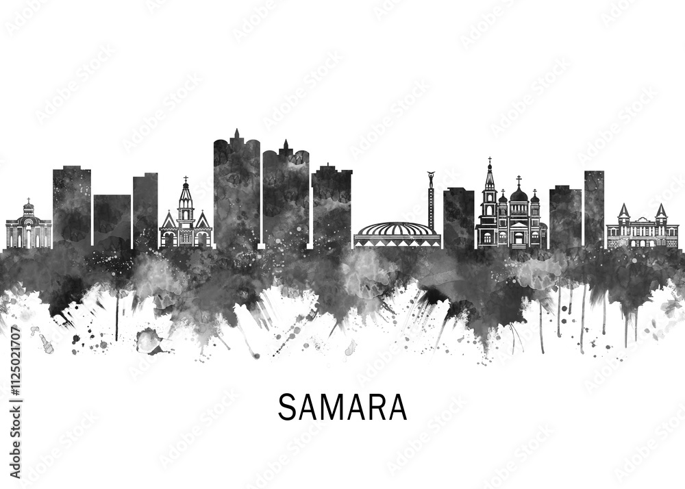 Obraz premium Samara Russia Skyline BW, cityscape landscape watercolor abstract painting splash travel art illustration graphic design urban art modern downtown