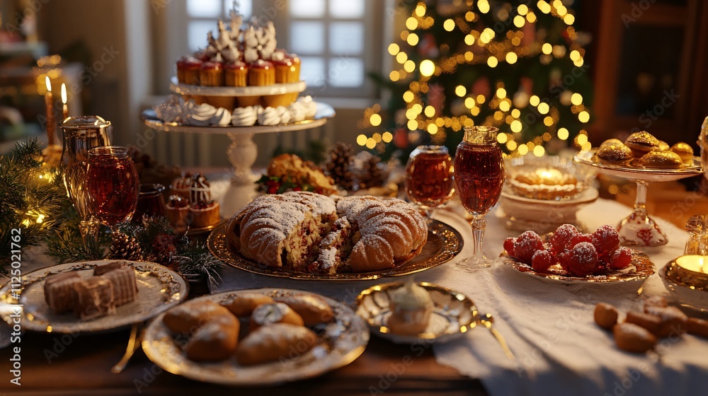 A festive Saint Lucia table set with Swedish sweets and pastries, realistic, very detailed A festive Saint Lucia table set with Swedish sweets and pastries, realistic, very detailed