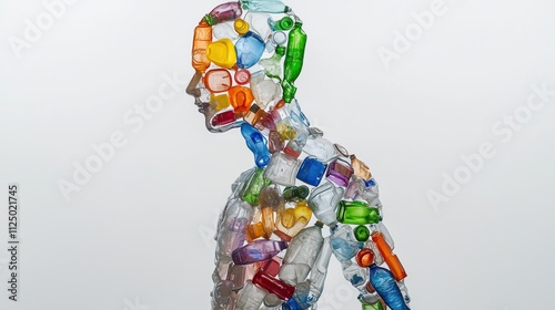 Symbolic human figure made entirely of discarded plastic bottles and containers, conceptual art piece, 