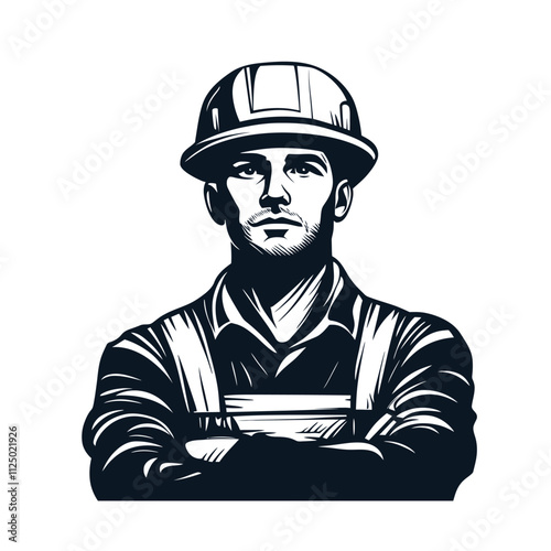 Builder man logo, Builder man icon, construction worker in hard hat, vector Illustration, SVG