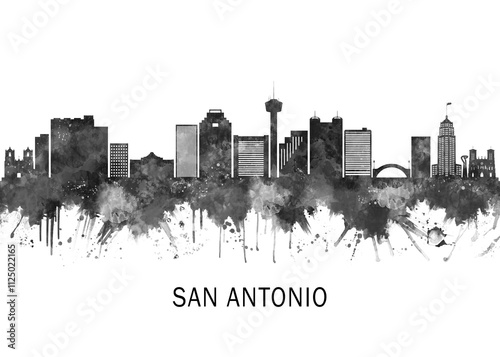 Obraz na płótnie San Antonio Texas Skyline BW, cityscape landscape watercolor abstract painting splash travel art illustration graphic design urban art modern downtown w salonie