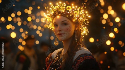 Saint Lucia in a traditional Swedish festival dress with a lit crown, realistic, very detailed photo