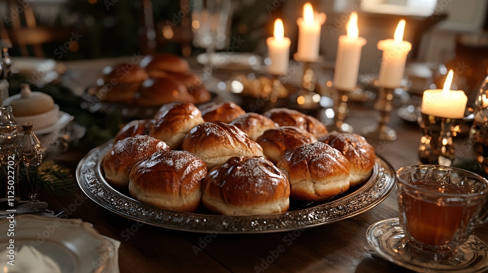 Traditional Saint Lucia buns and glögg served at a Swedish table, realistic, very detailed