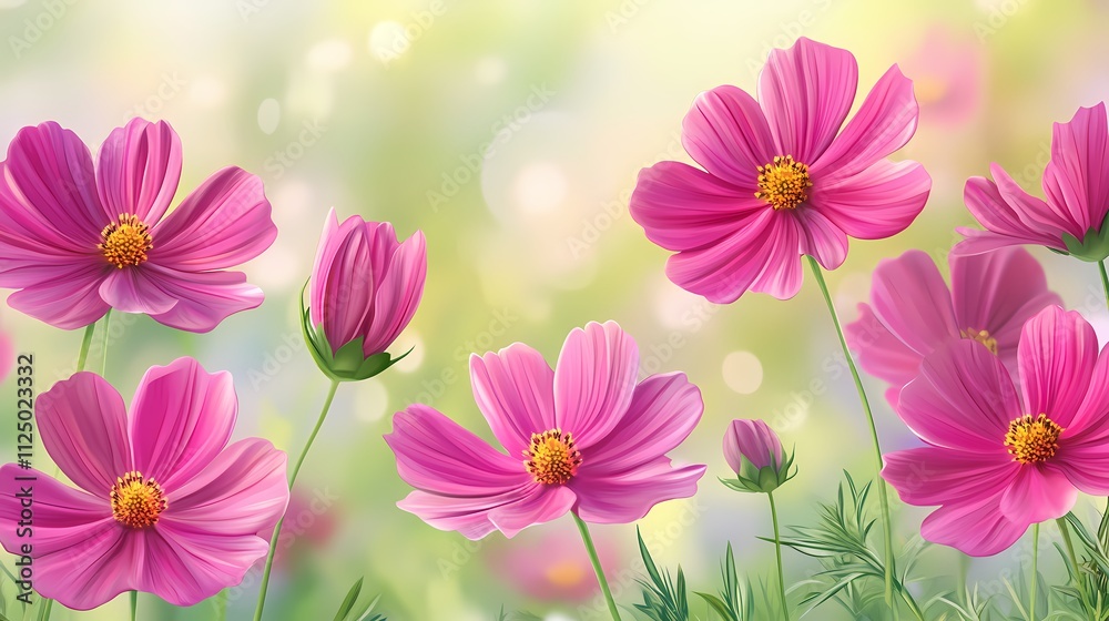 A vibrant display of pink cosmos flowers in full bloom against a soft blurred background, evoking a sense of tranquility. A vibrant display of pink cosmos flowers in full bloom against a soft blurred background, evoking a sense of tranquility.