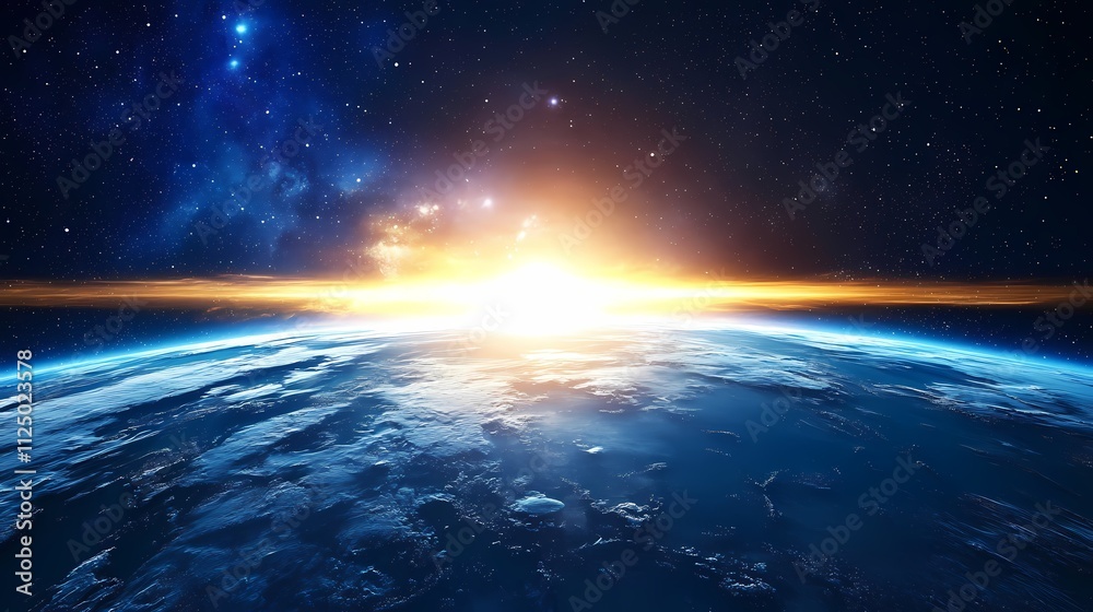 Stunning view of Earth from space at sunrise, showcasing a vibrant spectrum of colors in the atmosphere. Stunning view of Earth from space at sunrise, showcasing a vibrant spectrum of colors in the atmosphere.