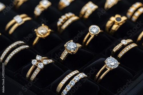 An elegant array of gold engagement rings with diverse cuts of diamonds, each displayed on individual black velvet pillows for a classic presentation. photo