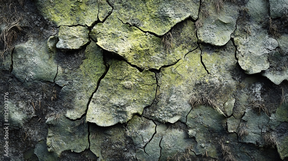 Cracked dry soil with sparse vegetation showing signs of erosion and degradation Cracked dry soil with sparse vegetation showing signs of erosion and degradation
