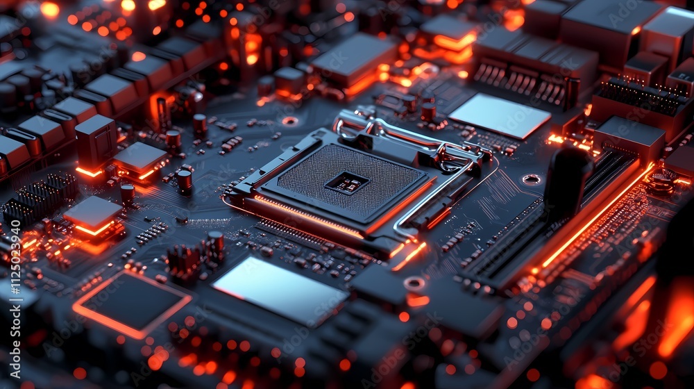 Close-up of a high-tech motherboard with glowing orange circuitry. Close-up of a high-tech motherboard with glowing orange circuitry.