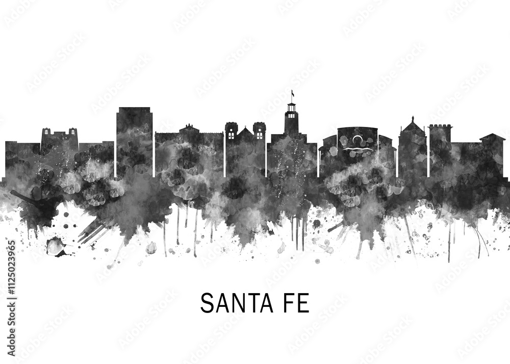 Obraz premium Santa Fe New Mexico Skyline BW, cityscape landscape watercolor abstract painting splash travel art illustration graphic design urban art modern downtown