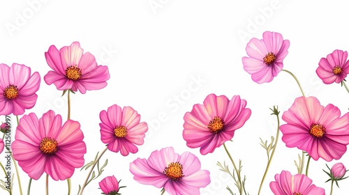 Vibrant pink cosmos flowers gracefully blooming against a white background.