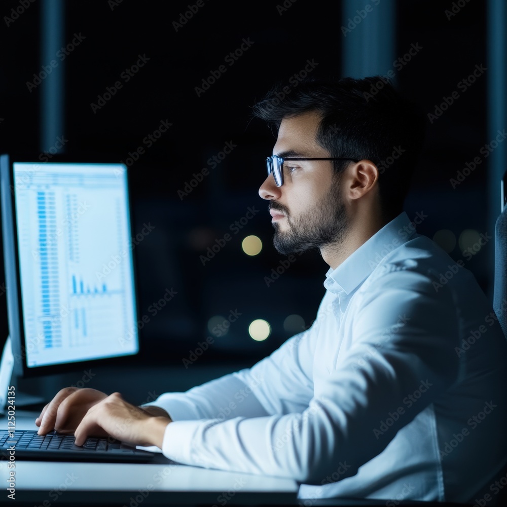 A focused man works late at night on a computer, analyzing data displayed on screens in a dimly lit room. A focused man works late at night on a computer, analyzing data displayed on screens in a dimly lit room.