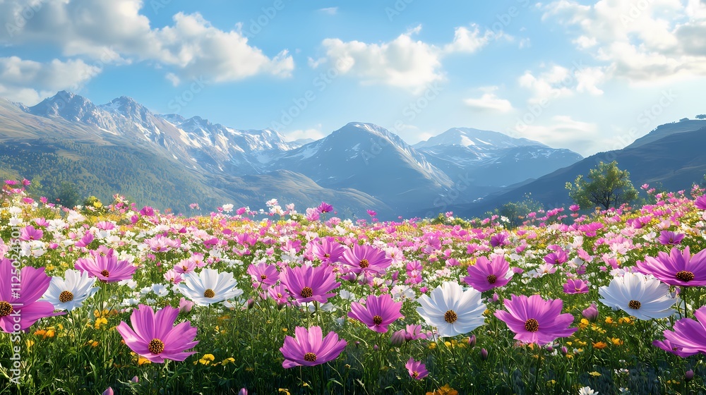 Fototapeta premium A vibrant field of wildflowers in various shades of pink and white, set against a majestic mountain backdrop.