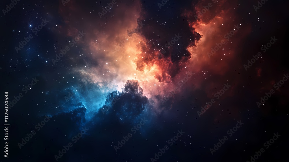 Fototapeta premium A breathtaking view of a colorful cosmic nebula in deep space, showcasing vibrant hues of orange, blue, and purple.