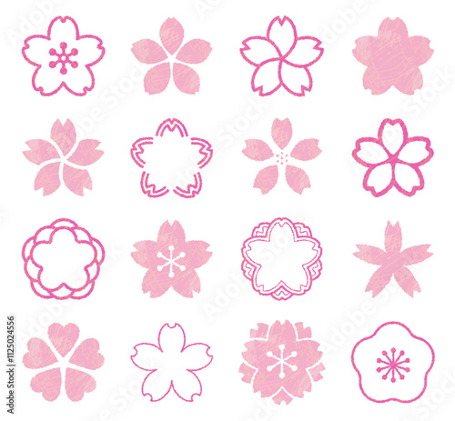 桜の水彩風イラスト。春の花。いろんな花びらの形をしたベクター素材。さくら。