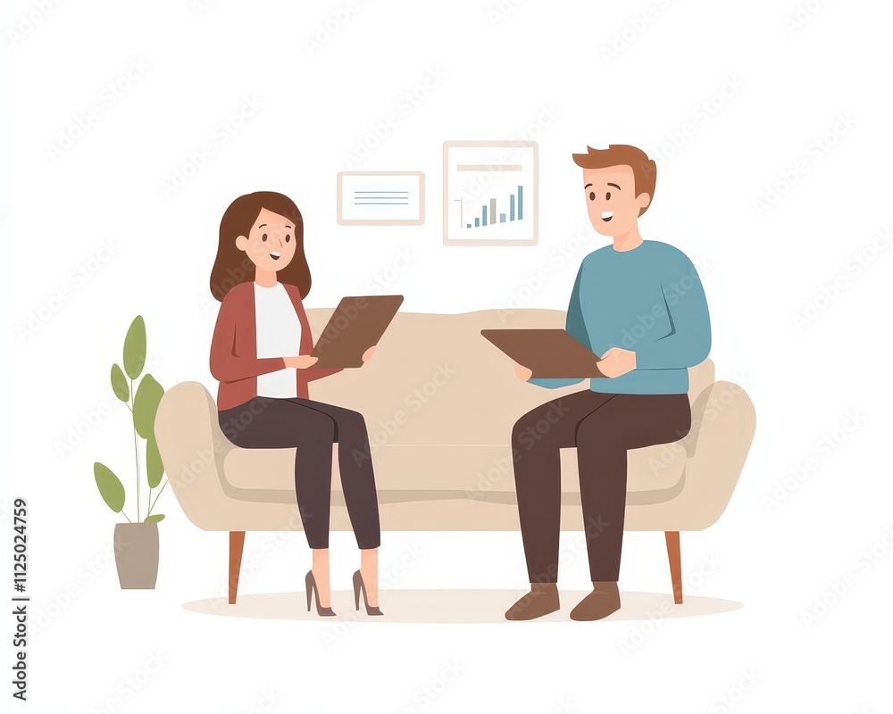 Obraz premium A young couple discussing work on laptops while seated on a sofa in a cozy, modern living space.