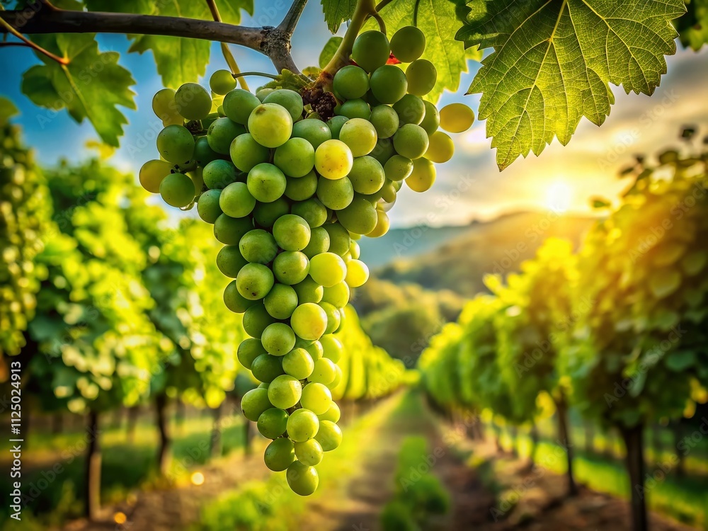 Close Up of Lush Green Grapes, Vitis vinifera, Hanging on Tree Branch in a Sunlit Vineyard - Captivating Nature's Bounty and Organic Freshness of Grapevines Close Up of Lush Green Grapes, Vitis vinifera, Hanging on Tree Branch in a Sunlit Vineyard - Captivating Nature's Bounty and Organic Freshness of Grapevines