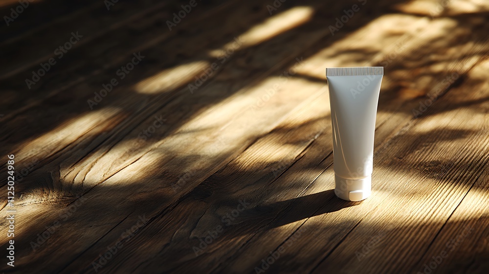 White cosmetic tube on rustic wooden surface in sunlight.