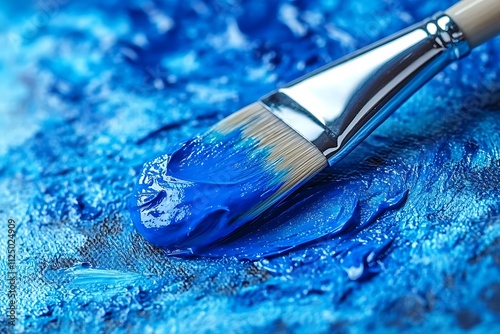 A paintbrush loaded with vibrant blue paint creates a textured masterpiece on canvas. photo