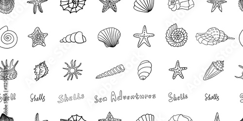 Seamless pattern of different types of seashells in doodle style. Marine shell, starfish, snail, scallop. Travel design. Beach. Hand drawn