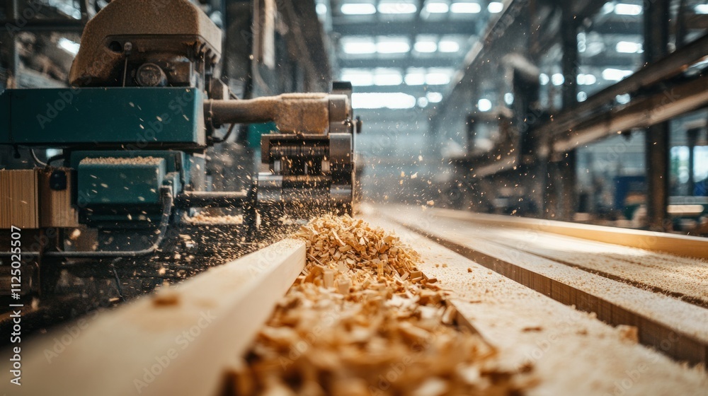 Wood processing line with saws and planers shaping timber planks, sawdust captured by vacuum systems Wood processing line with saws and planers shaping timber planks, sawdust captured by vacuum systems