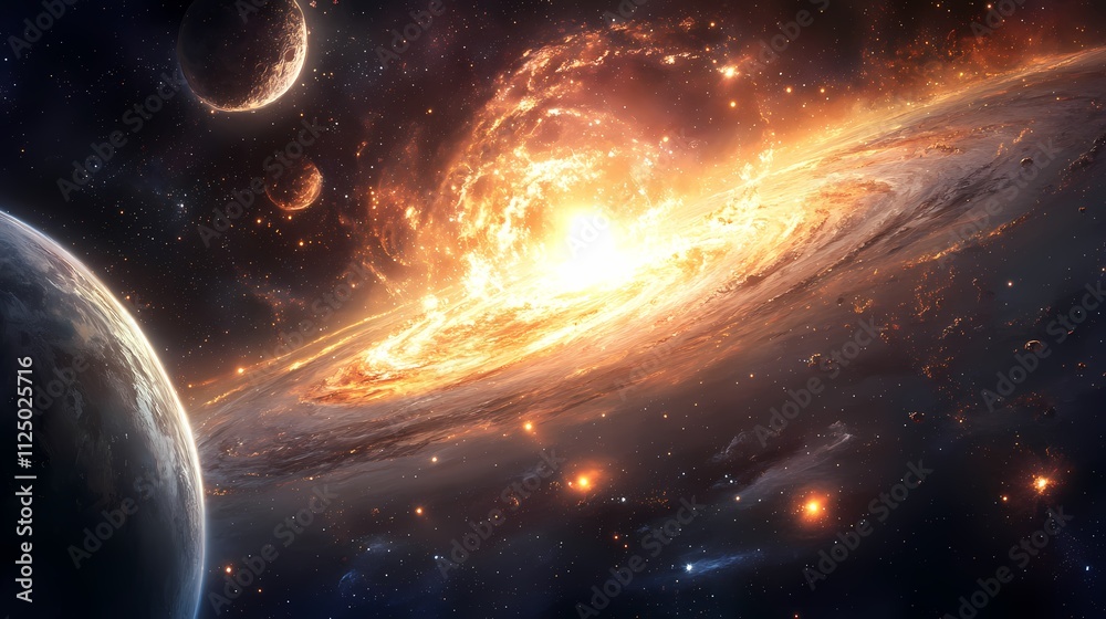 Fototapeta premium A breathtaking view of a galaxy with vibrant colors, featuring a distant sun and surrounding celestial bodies.