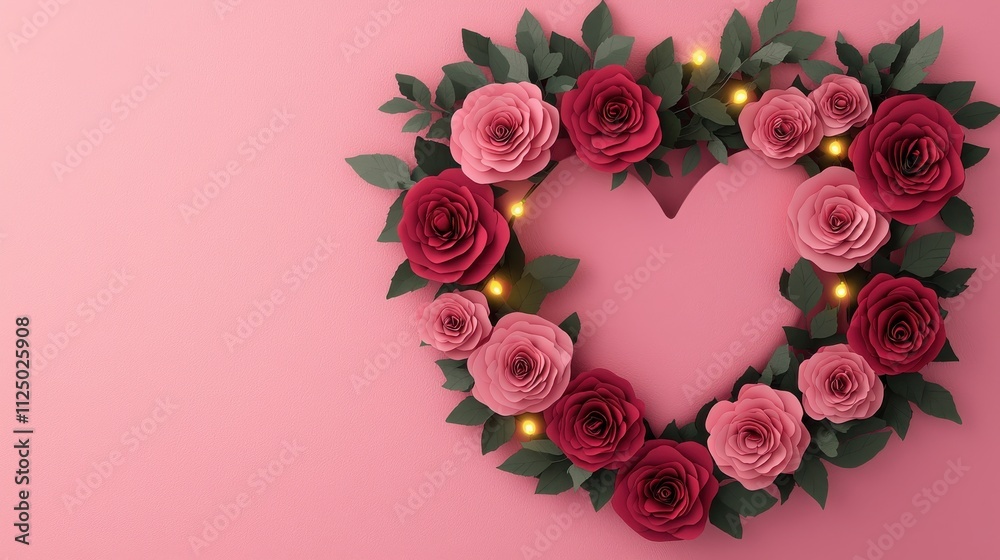 A heart-shaped arrangement of pink and red roses with green leaves, set against a soft pink background, creating a romantic atmosphere. A heart-shaped arrangement of pink and red roses with green leaves, set against a soft pink background, creating a romantic atmosphere.
