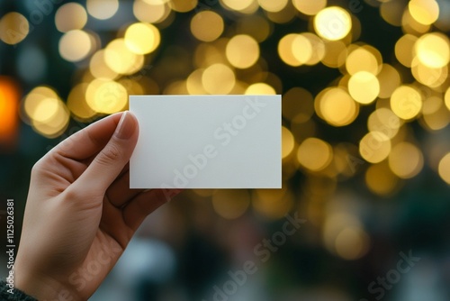 A hand is holding a blank white business card mockup against a softly blurred golden bokeh backdrop.