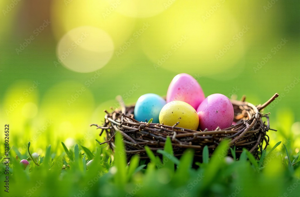 Nest with easter eggs in grass on a sunny spring day, Easter decoration Nest with easter eggs in grass on a sunny spring day, Easter decoration