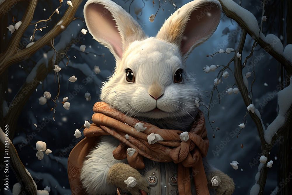 bunny in a scarf and jacket in winter, cartoon style..