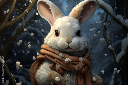 bunny in a scarf and jacket in winter, cartoon style.. 