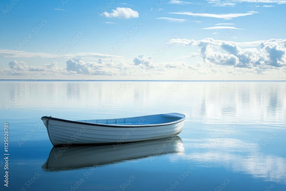 Naklejka premium A solitary boat floats gently on still water, mirroring the clear blue sky and soft clouds during a tranquil moment in nature. Generative AI