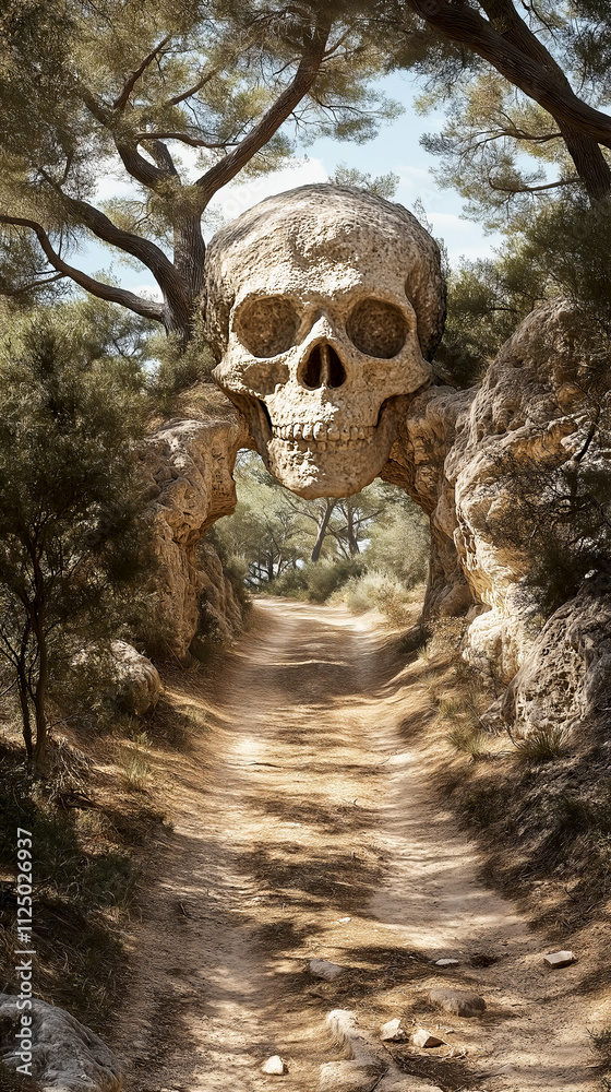 A surreal forest scene with a large stone arch resembling a skull, framing a dirt pathway under a canopy of trees A surreal forest scene with a large stone arch resembling a skull, framing a dirt pathway under a canopy of trees