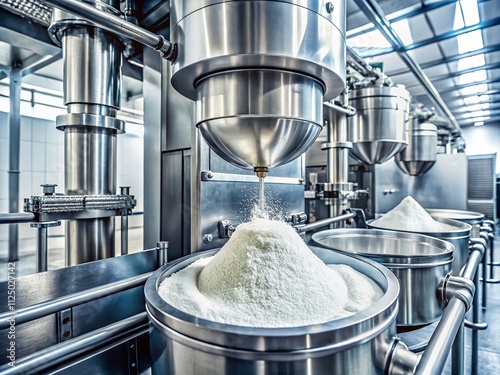 Close-Up of Powder Medicine Mixing Process in Pharma Manufacturing Plant, Highlighting Dusting Powder Chemical Ingredients in Large Equipment Production Line