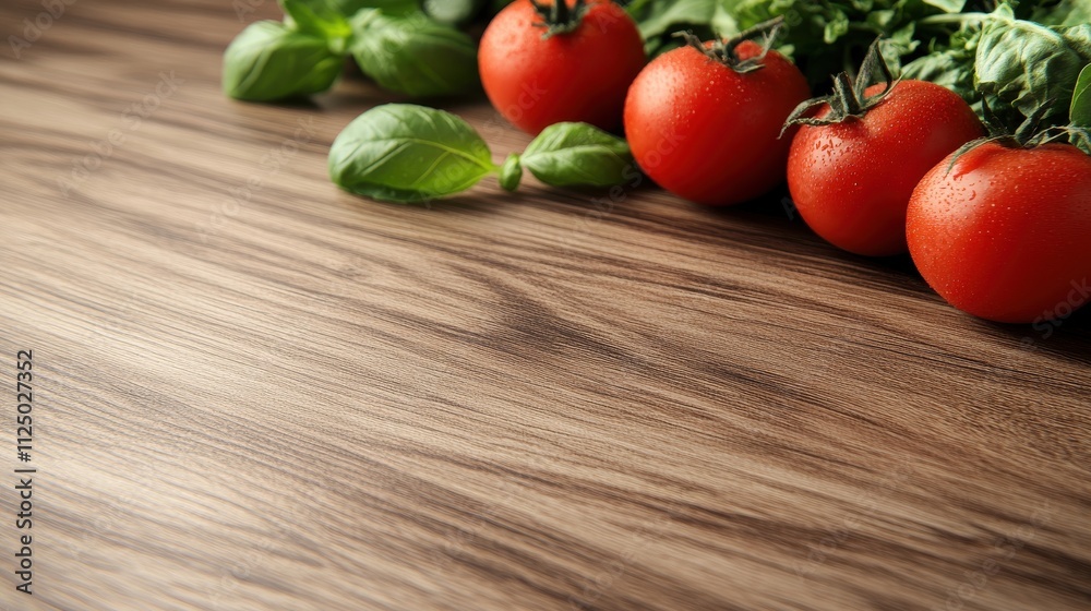 Fresh Red Tomatoes and Green Basil Leaves on a Rustic Wooden Table Surface for Culinary and Healthy Eating Inspiration Fresh Red Tomatoes and Green Basil Leaves on a Rustic Wooden Table Surface for Culinary and Healthy Eating Inspiration