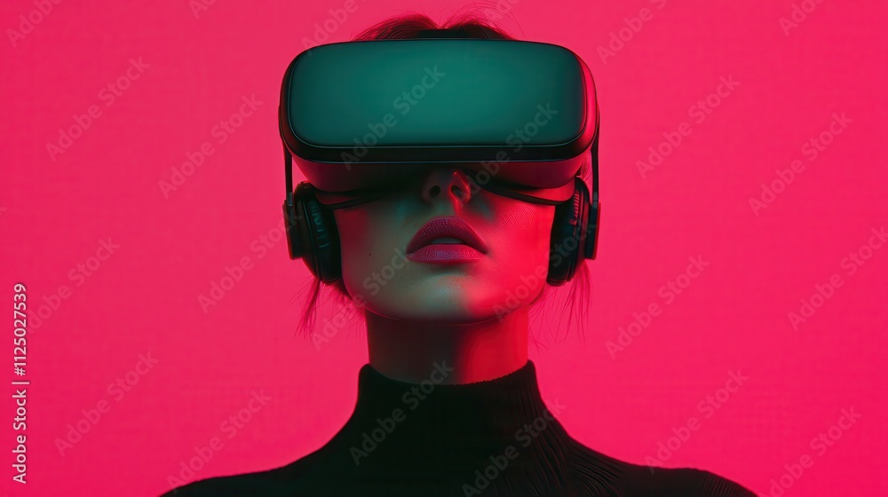 Young Woman Wearing Virtual Reality Headset with Neon Pink Background and Headphones