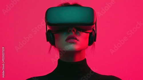 Young Woman Wearing Virtual Reality Headset with Neon Pink Background and Headphones