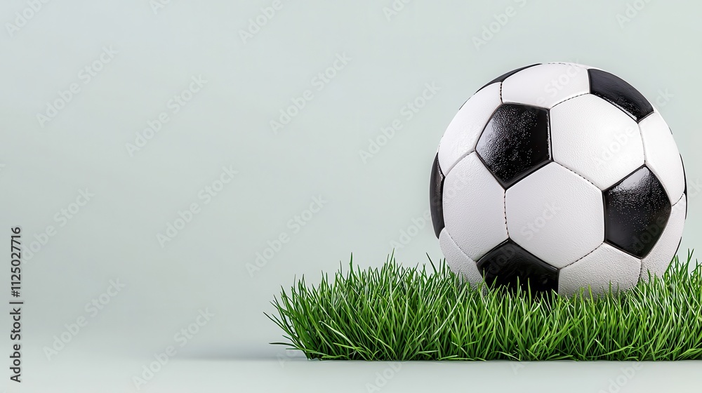 Fototapeta premium Soccer Ball on Green Grass Field with Soft Lighting and Minimalist Background