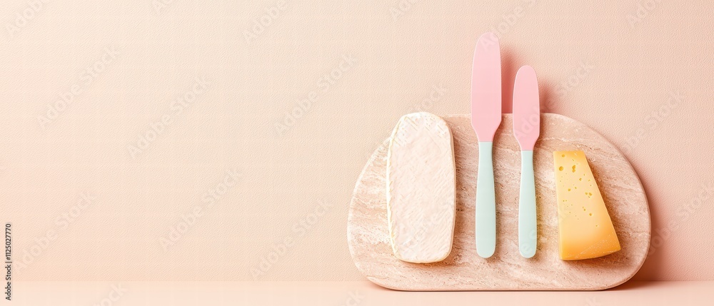 Fototapeta premium Artistic display of assorted cheeses with colorful knives on a wooden board, perfect for culinary designed visuals.
